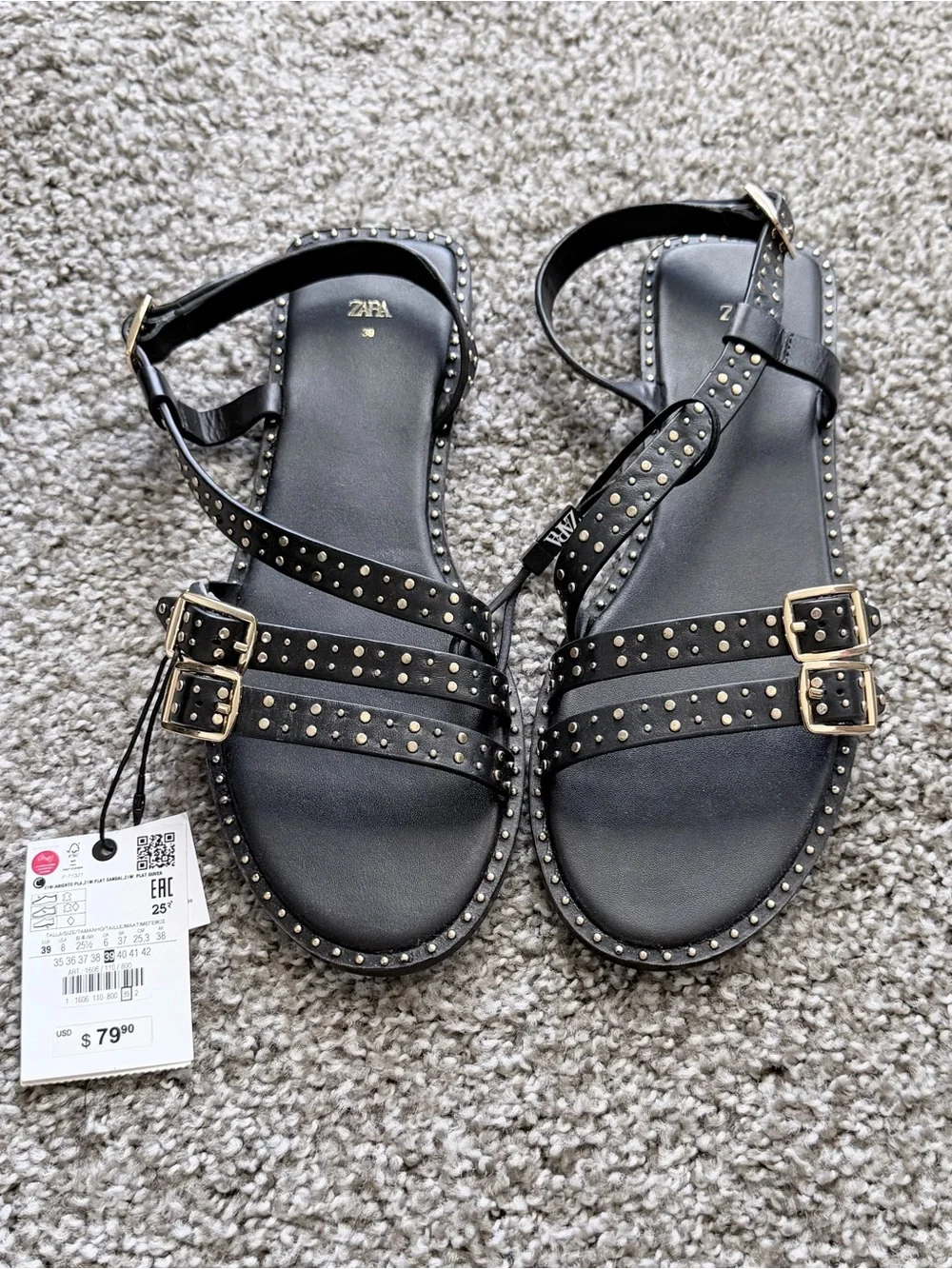 ZARA Studded Leather Flat Sandals | Size 8 US / EU 39 | NWT - Picture 6 of 8